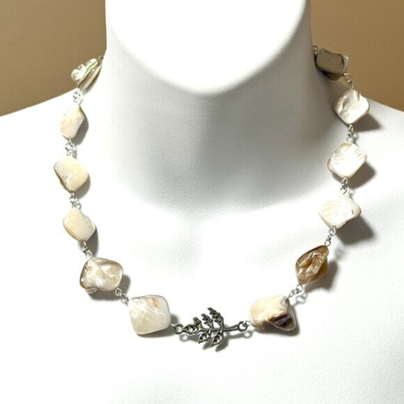 Irregular Mother of Pearl Shell Beads + Silver Leaf Branch Pendant Necklace - Picture 2 of 12